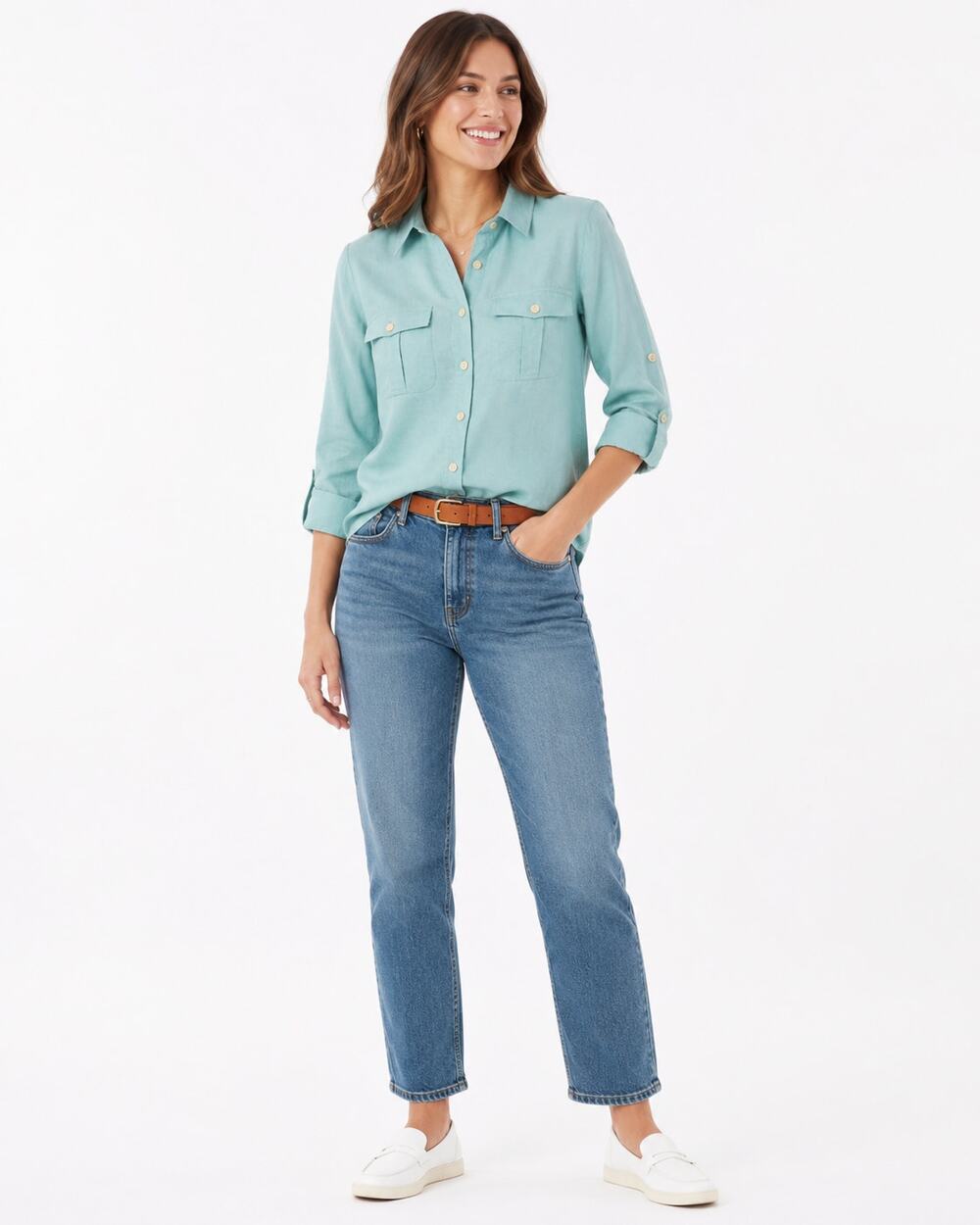 J.Crew Chambray Button Down Shirt Small Aqua Blue Roll Tab Sleeve Preppy Coastal
